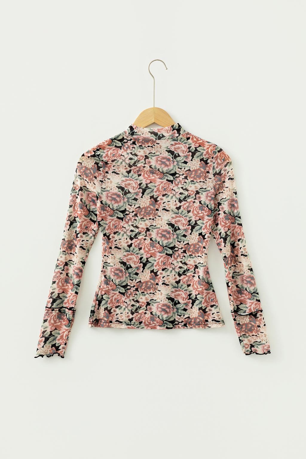 White Retro Floral Print Mock Neck Mesh Long Sleeve Top